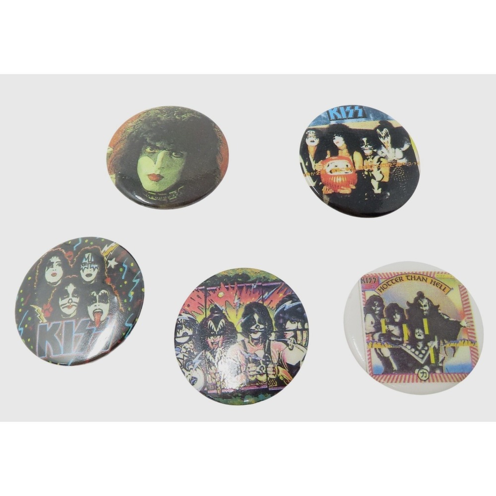 Vintage KISS Band Pinback Button Set 5pc Hotter Than Hell Rock Memorabilia Pins